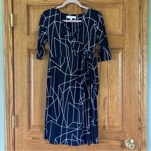 Ripe Dark Blue & White Geometric Print Faux-Wrap Dress Small